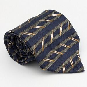 Stafford Executive Blue Gold Silver Geometric Striped Woven 100% Silk Tie